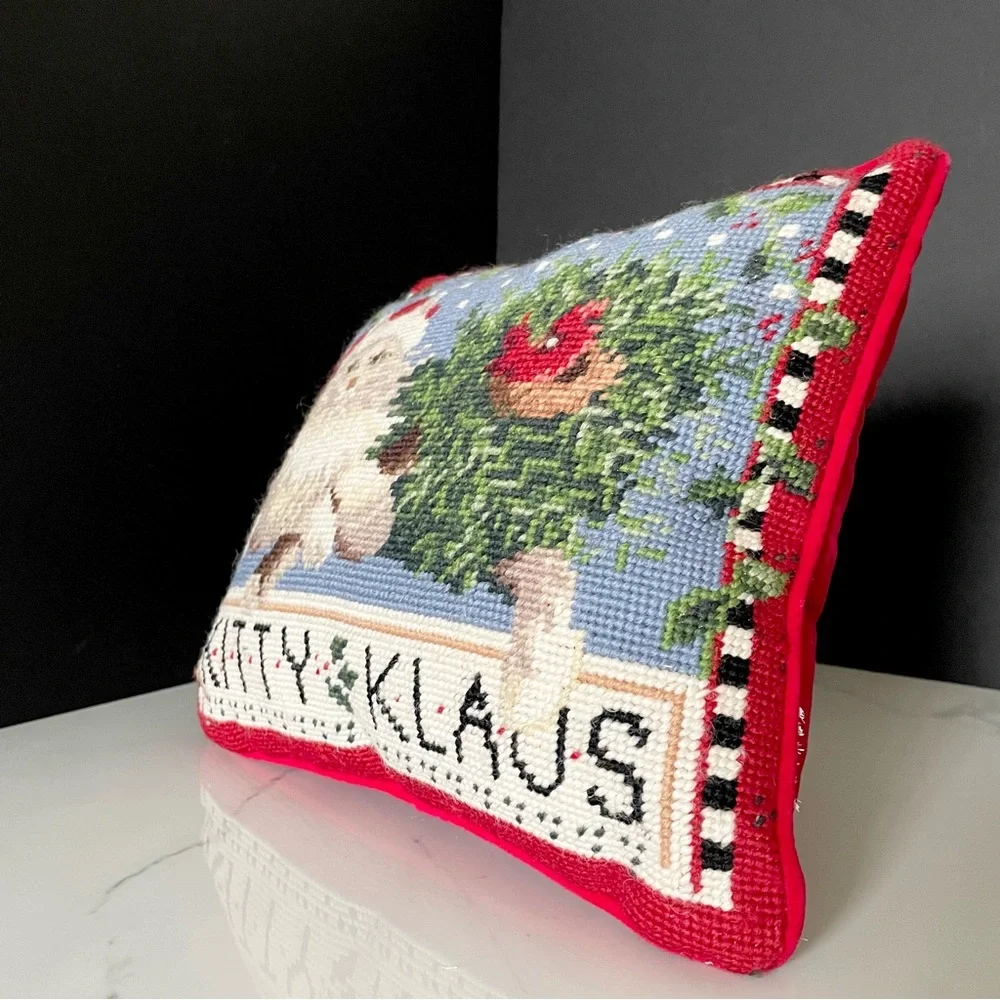 Kitty Klaus Needlepoint Holiday Pillow